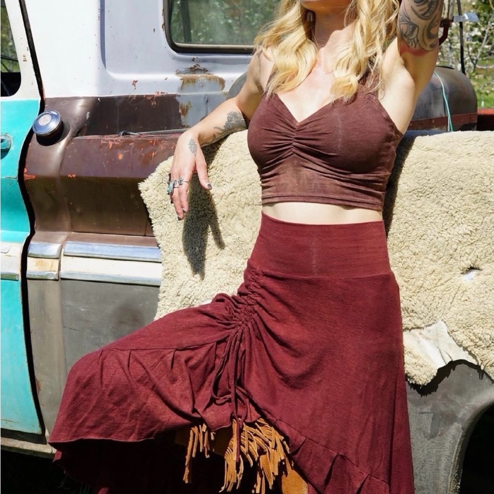 Women's Ruched Layered Maxi Skirt - Burgundy